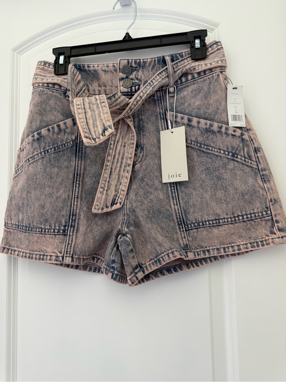 Joie Pink Acid-Wash Belted Denim Shorts